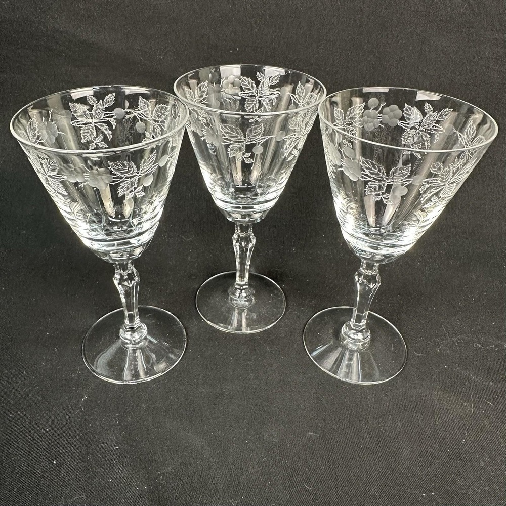 Fostoria 'Burgundy' 5 1/4" Stem Crystal Etched Wine Goblets, Vintage, Set of 3‎